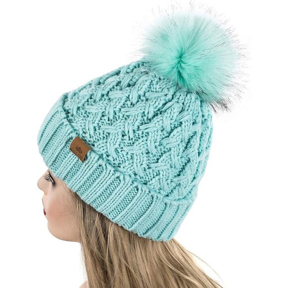 Women’s Mint Winter Ribbed Beanie Hat Chunky Cable Knit Pompom Warm main image 3
